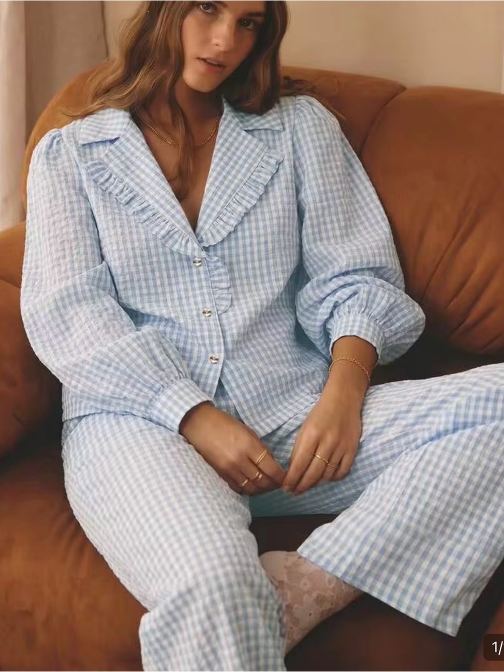Blue Gingham Ruffled Collar Women's Pajama Set